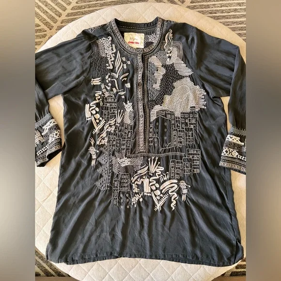 JOHNNY WAS BIYA Large Black Silk Embroidered Long Tunic - Picture 1 of 7